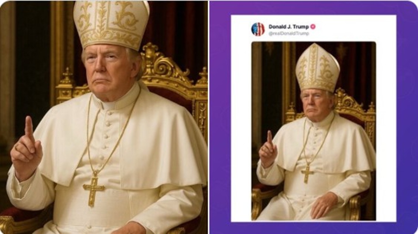 Nell’immagine è raffigurato il presidente Usa in abito talare, con la mitra, il crocifisso al...