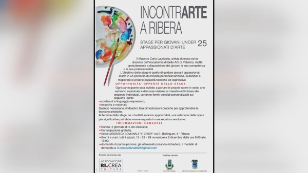RIBERA- Uno stage per giovani under 25 appassionati di arte con l’artista riberese ed ex...